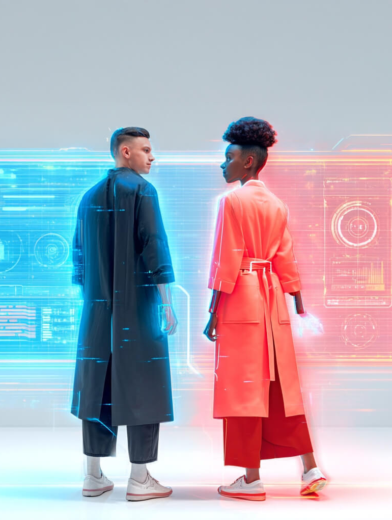 Ein Servicemitarbeiter und eine digitale Assistentin stehen nebeneinander in einem futuristischen Contact Center und betrachten gemeinsam ein holografisches Dashboard. Die Assistentin hat einen blauen Schimmer, der ihre Rolle als AI-Agentin hervorhebt.