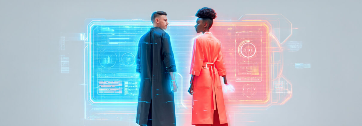 Zusammenarbeit Mensch (links, Mann im dunkelblauen Mantel mit blauem Hintergrund) und digitaler Assistent (rechts, Frau im orangem Mantel mit orangem Hintergrund).